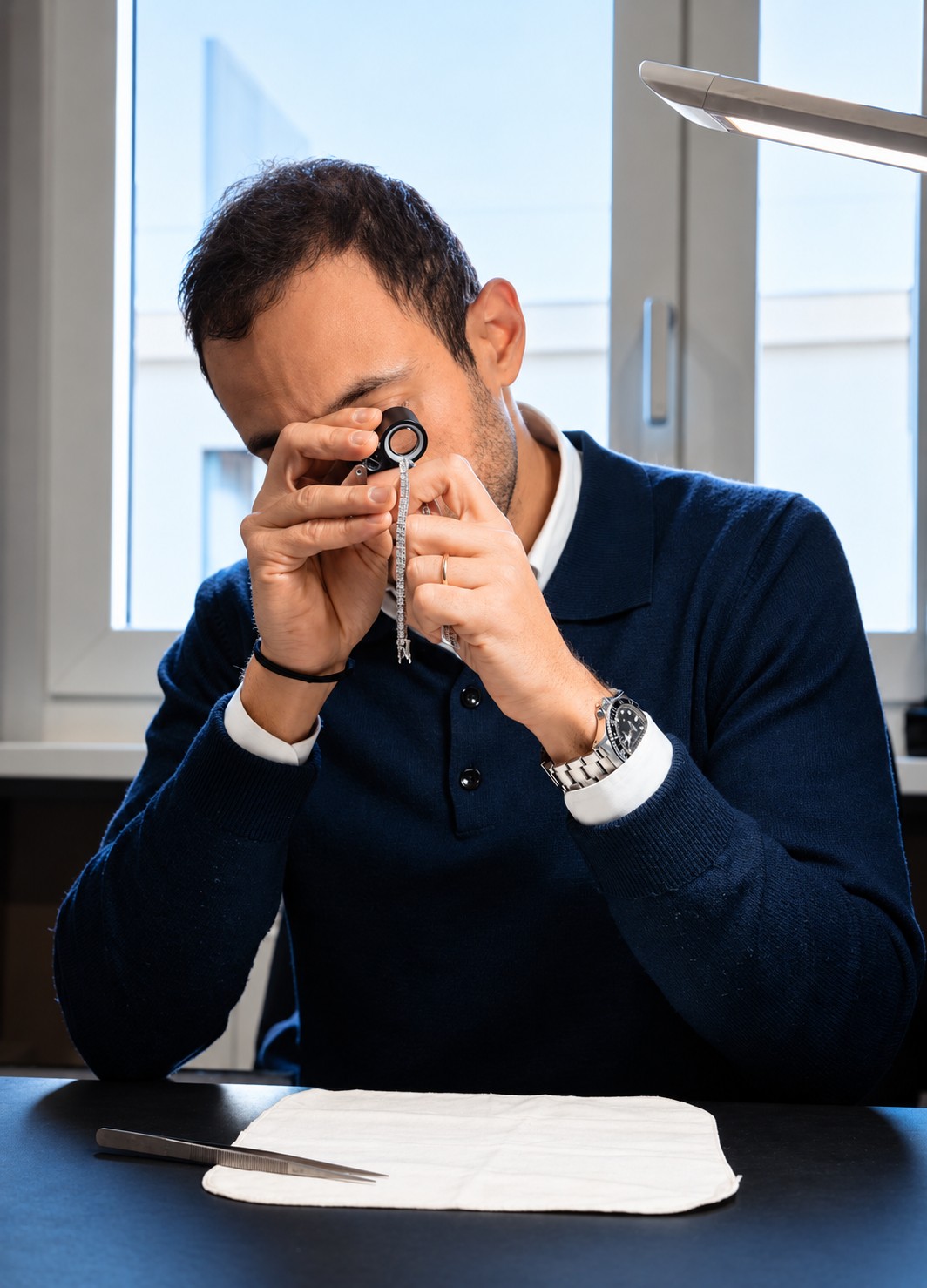 Ruben Caviglia alla scrivania vicino alla finestra esamina un bracciale con la lente da gemmologo